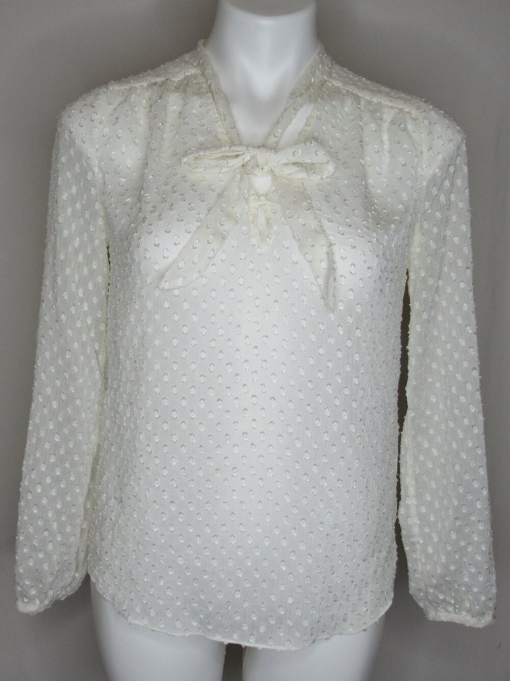 NYDJ Not Your Daughter's Jeans White Swiss Dot Semi Sheer Tie Neck Blouse XXS